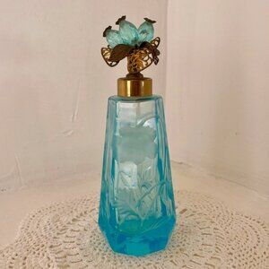 Vintage Aqua Blue Cut Intaglio Glass Perfume Bottle IW Rice Japan Engraved Roses